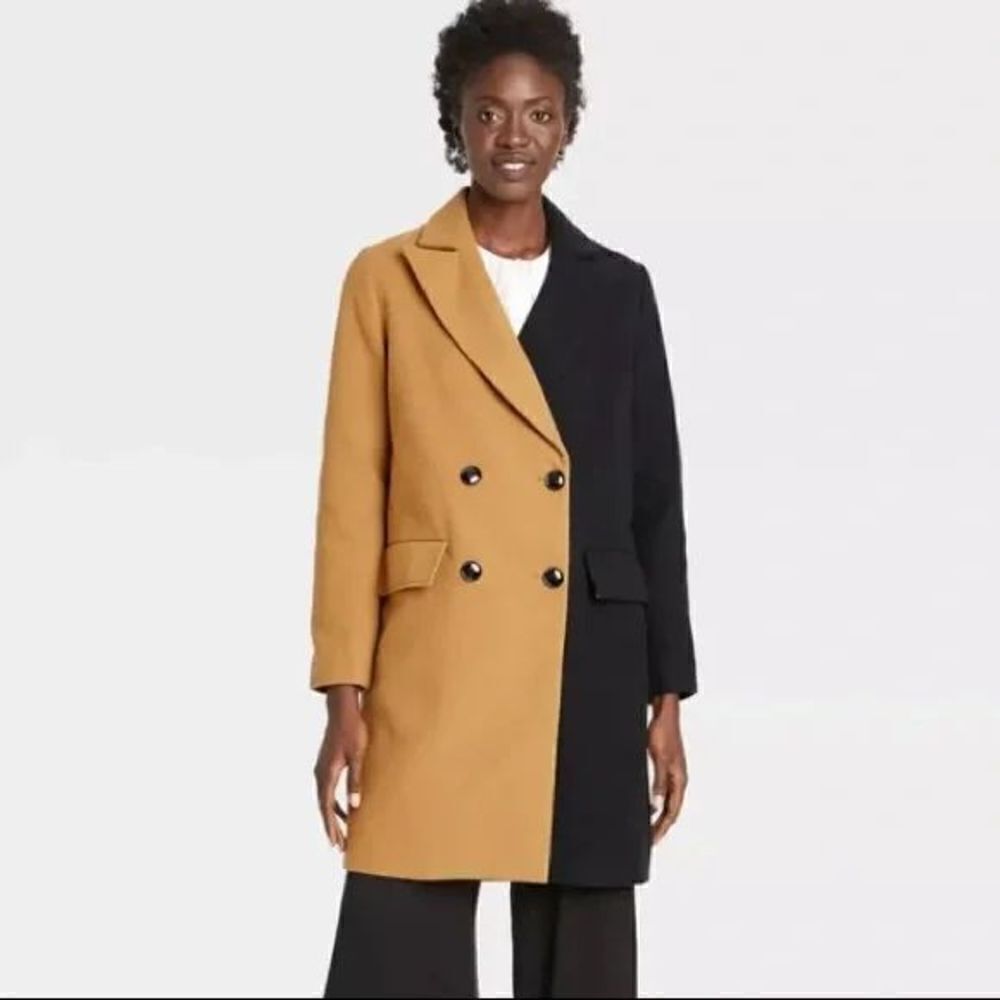 NWT Who what wear Sz M Bicolor 2 tone Double Breasted Black Tan Trendy Coat